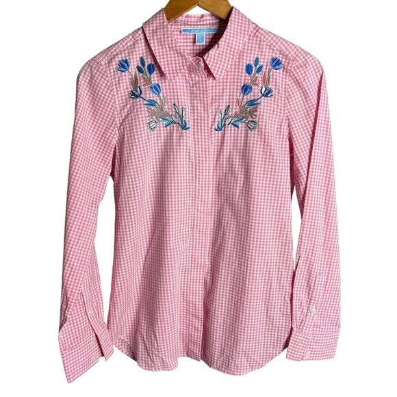 Draper James Embroidered Button Down Shirt Pink Gingham Size 2 - Picture 1 of 4